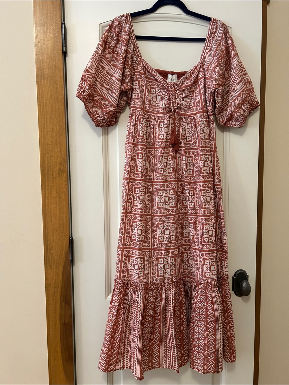 Cleobella Joely Rust and White Midi Boho Dress with Puff Sleeves Organic